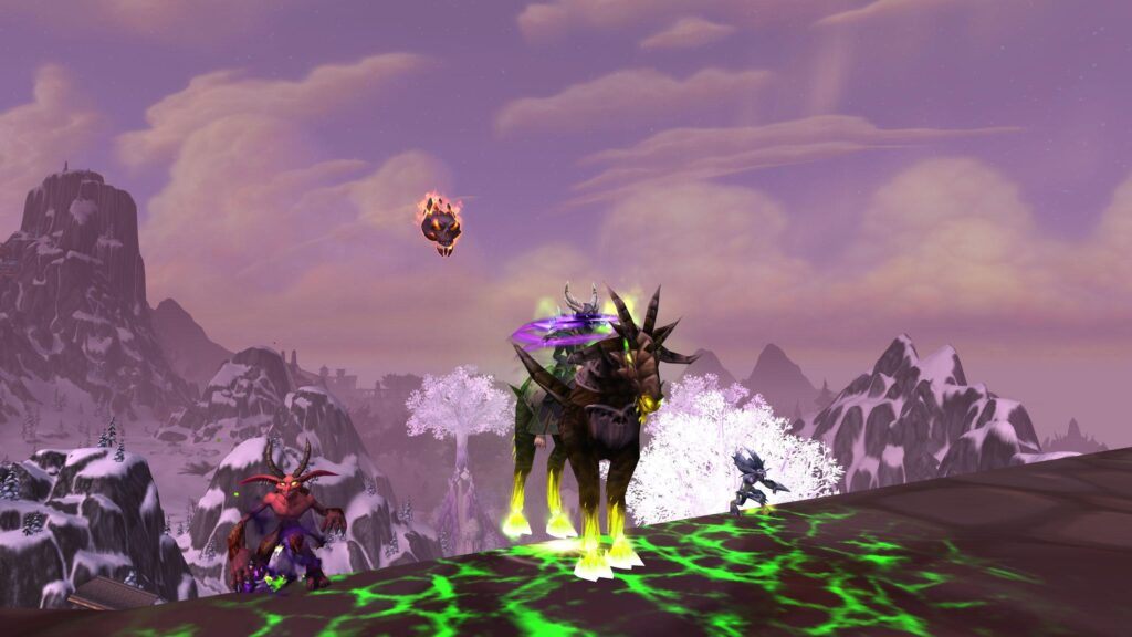 Warlock on her class mount on Dalaran
