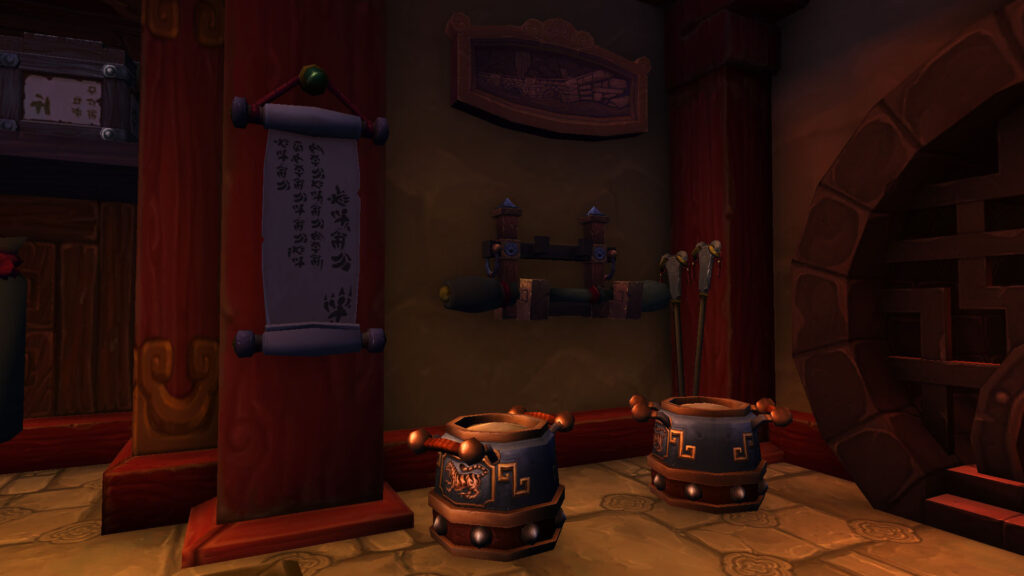 A dusty shop interior with scrolls and barrels in Pandaria